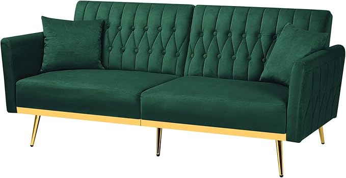 ACMEASE 70” Velvet Futon Sofa Bed w/Adjustable Backrests and Armrests, Convertible Futon Couch with 2 Pillows, Modern Tufted Sleeper Bed for Living Room, Bedroom,Green