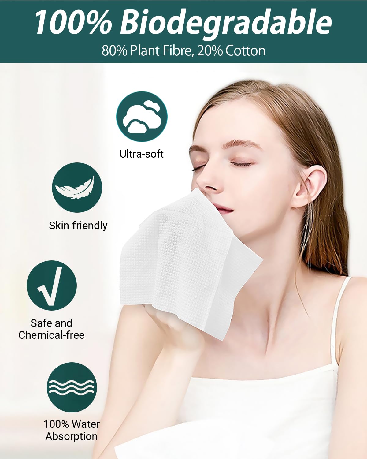 RUIJIU Disposable Face Towel, Unscented, Large Size 10X 12, Disposable Face Cloths, 100% Biodegradable Face Towel, Skin Soft and