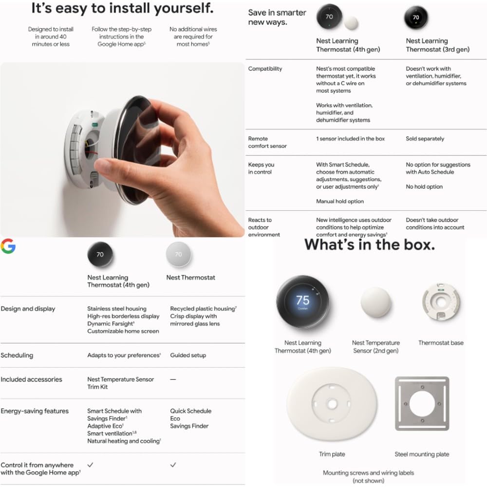 Google Nest Learning Thermostat (4th Gen, 2024) with Nest Temperature Sensor, Energy Saving Smart Thermostat, Compatible with Alexa, Apple HomeKit & Google Home App, Non-Retail Packaging, Obsidian