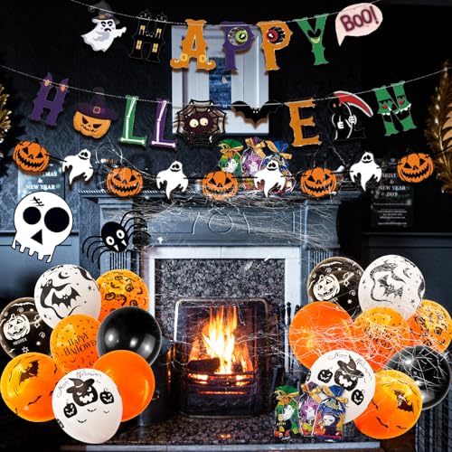 UJoyant 101 Pcs Halloween Party Decorations, Halloween Party Supplies - Ghost and Bat Pumpkin Banner, Multi Balloons, Pho...