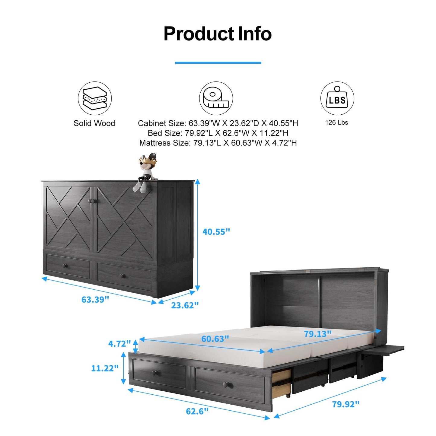 PUREMIND Queen Murphy Bed with Storage Drawers, Camas Con Colchon Incluido, Hideaway Chest Beds with Built-in Charging Station, Murphy Bed Queen Space-Saving Wall Beds for Bedroom