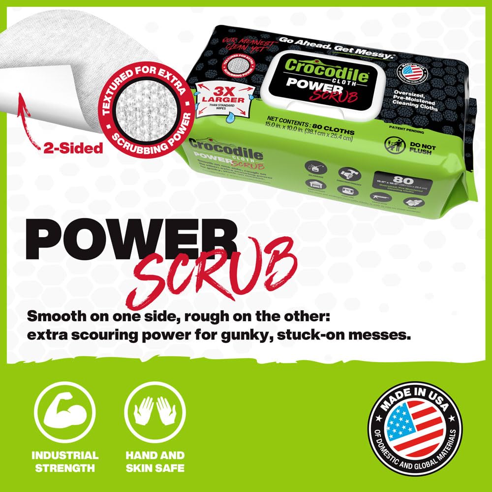 Crocodile Cloth PowerSCRUB Cleaning Wipes – 80 (15" x 10") Dual-Surface Cloths, Heavy-Duty, Moist, Absorbent, & Disposable - Safe on Skin & Multiple Surfaces