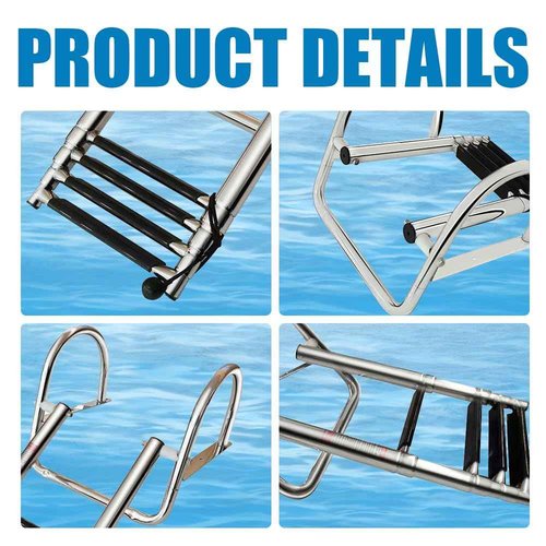 Mojiate Made Telescopic 4 Step Pontoon Boat Ladder, Stainless Steel Telescoping Extendable Marine Ladder, 500lbs Capacity Stepladder for Pontoon/Marine/Yacht/Swimming Pool
