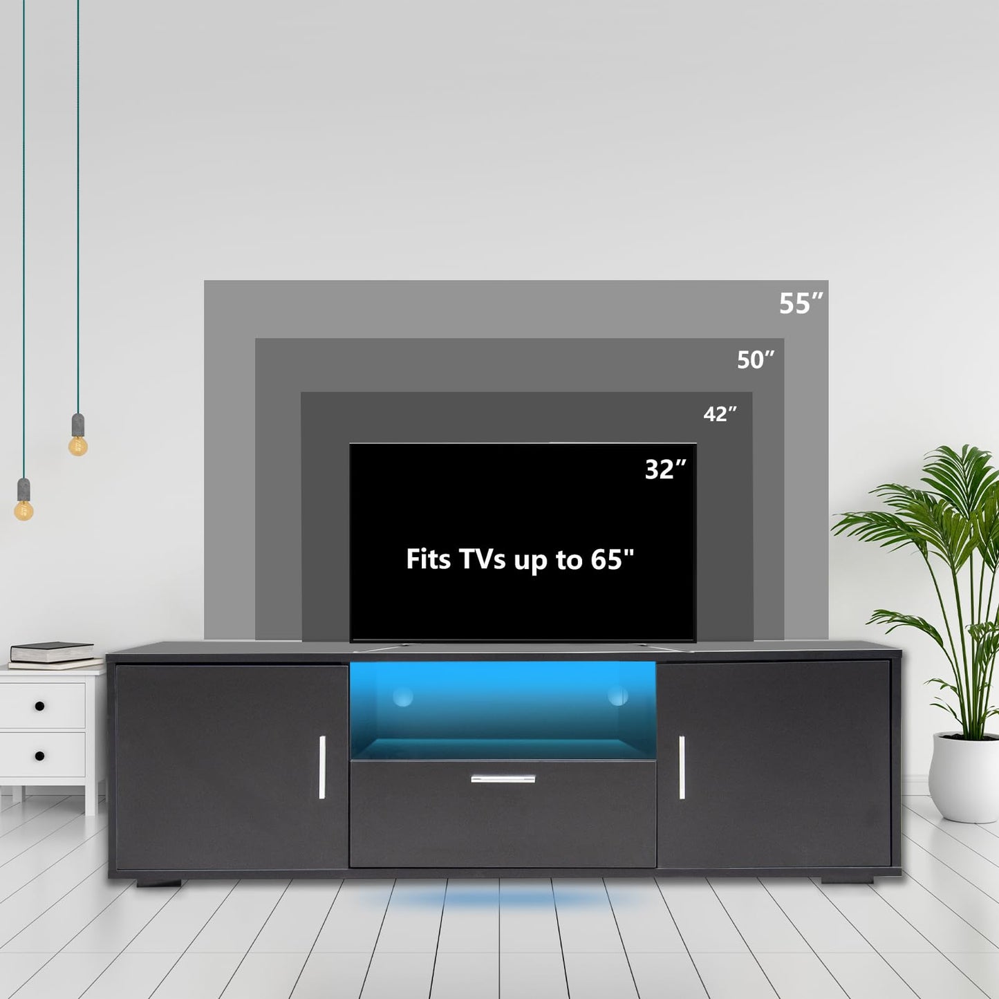 amadecohome 55 Inch TV LED TV Stand, Morden TV Console Table Entertainment Center, Gaming TV Cabinet for Living Room Bedroom Office Home Apartment Furniture (Black TV Stand with 4 Storage)