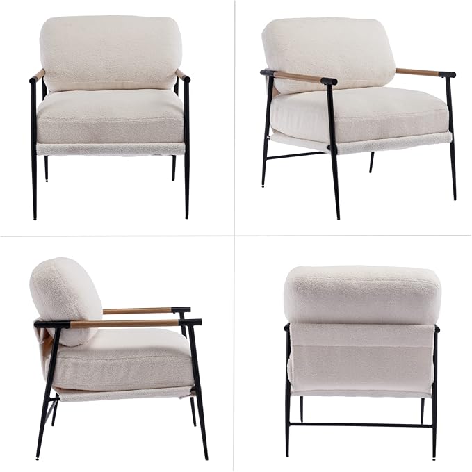 HEAH-YO Modern Accent Chairs Set of 2, Upholstered Lambwool Living Room Chairs with Backrests, Comfy Reading Armchairs for Bedroom, White
