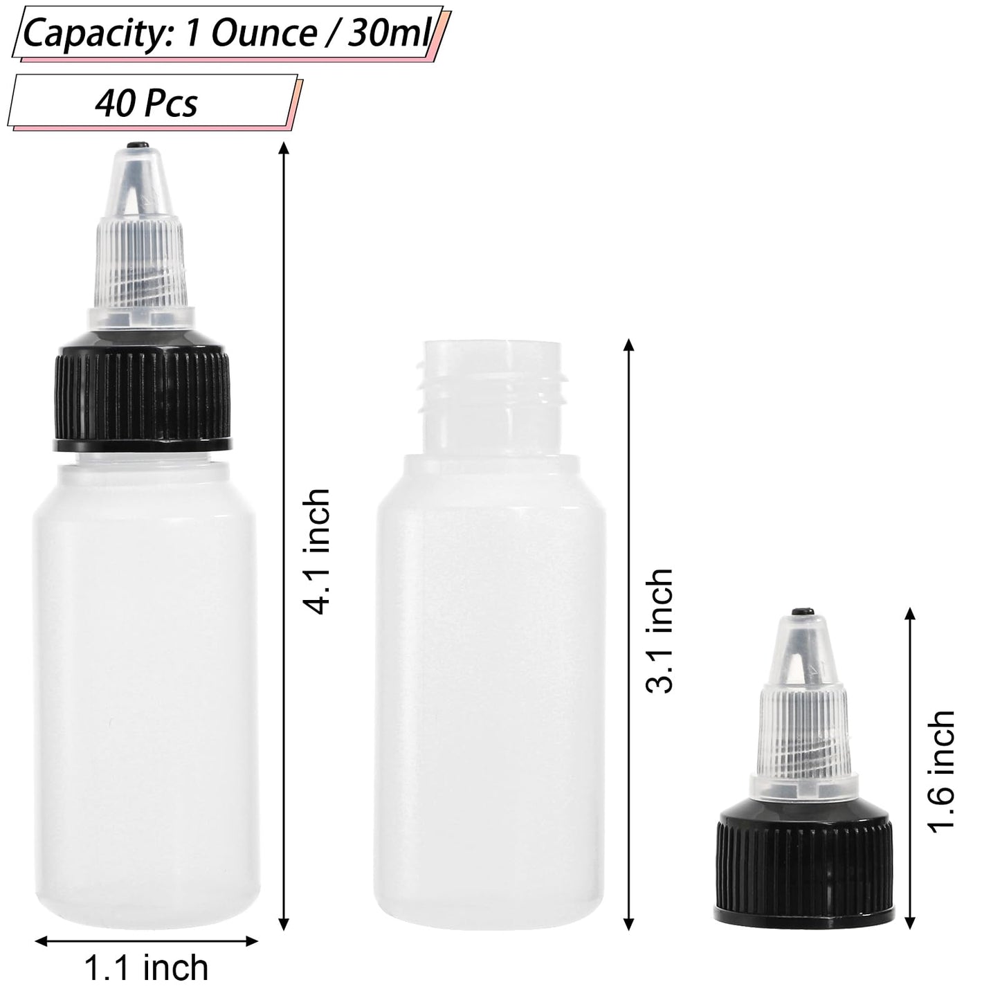 Bekith 40 Pack 1oz Dispensing Bottles, Boston Round HDPE Plastic Bottle with Twist Top Cap, Empty Plastic Squeeze Bottle