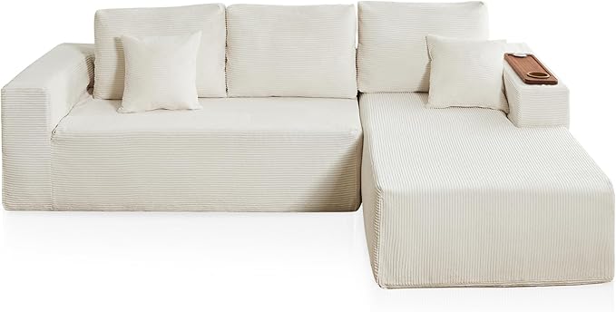 Modular Sectional Sofa Cloud Couch with Multi-Functional Armrests, Boneless Plush L-Shape Living Room Couch with Deep Seat, Fluffy Comfy Sleeper Sofa Easy Assembly (Beige, Left Chaise)