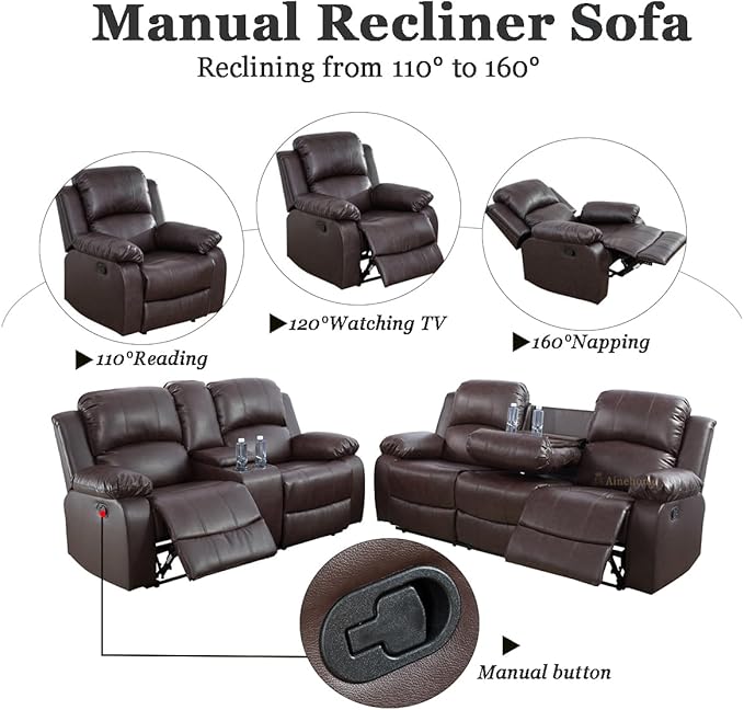 A Ainehome Living Room Furniture Set Leather Recliner Sofa Set Loveseat Chair Furniture Sofa Set for Living Room/Small Space/Rv/House/Office/Theater Seating (A-Brown Leather, Sofa+Loveseat)