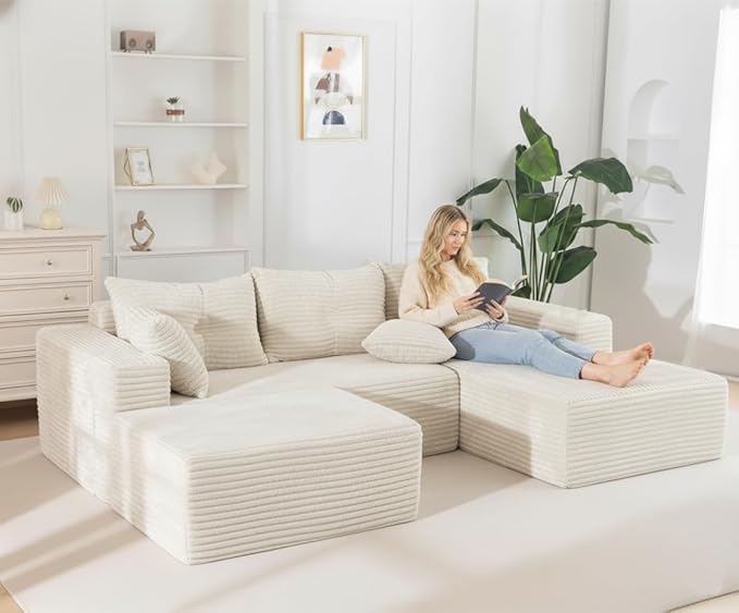 NAYA 106” Modular Sectional Sofa, Cloud Sectional Couch with Deep Seat, Modern Modular L-Shape Sofa Boneless Couch with Chaise for Living Room Bedroom (Beige, U-Shaped Minimalist Sofa)
