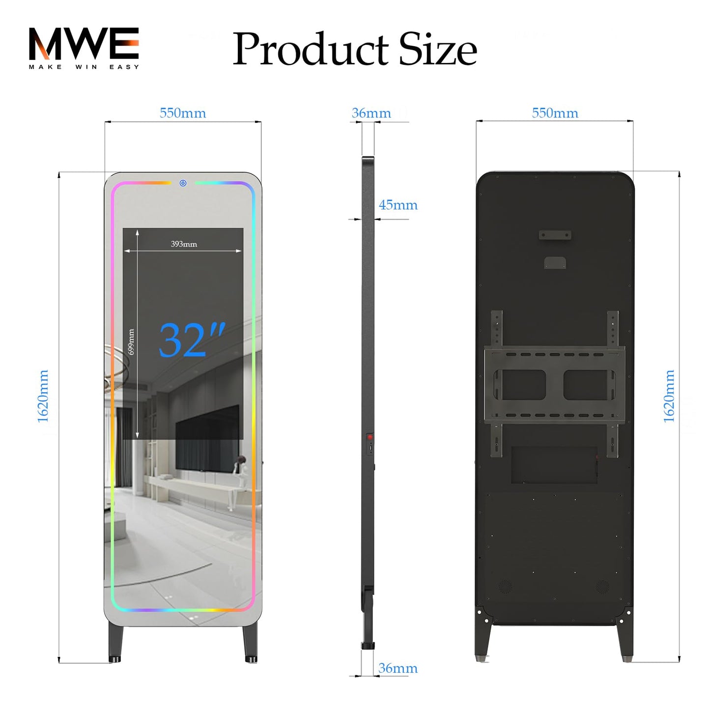 RIXZSIW Smart Gym Mirror for Home Workout | 32" HD Touch-Screen Andriod OS | 63" Reflective Surface | No VIP Fees Support Various APPs, Music Sync LED Light Strip, for Home Gym/Yoga/Dance
