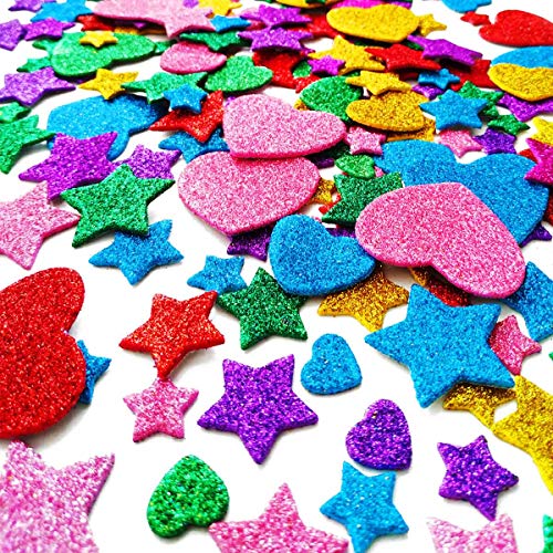 260 Pieces Colorful Glitter Foam Stickers Self Adhesive Stars Mini Heart Shapes Glitter Stickers, Kid's Arts Craft Supplie...