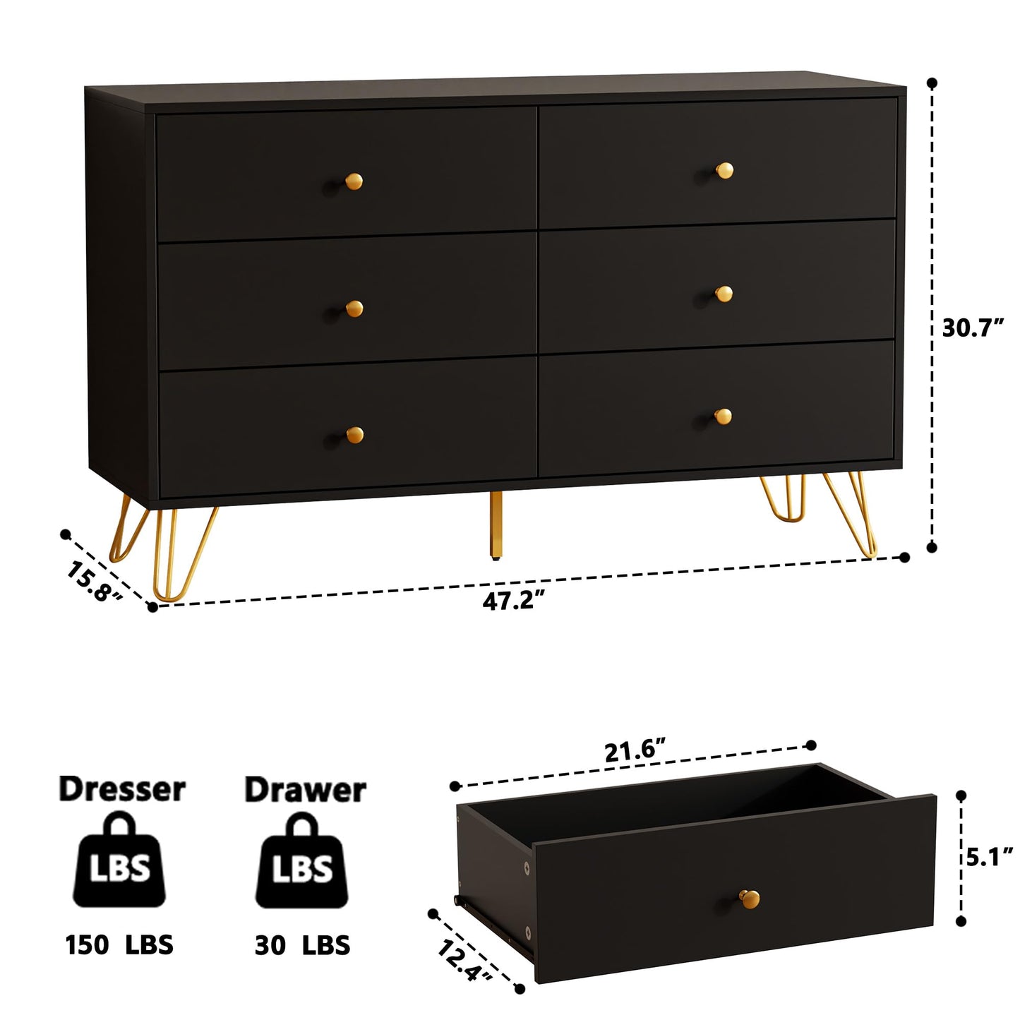 Tradare 6 Drawer Dresser and Nightstand Set of 2, Modern Black and Gold Dresser Set with Golden Handles, 2-Drawer Nightstand & 6-Drawer Chest of Drawers