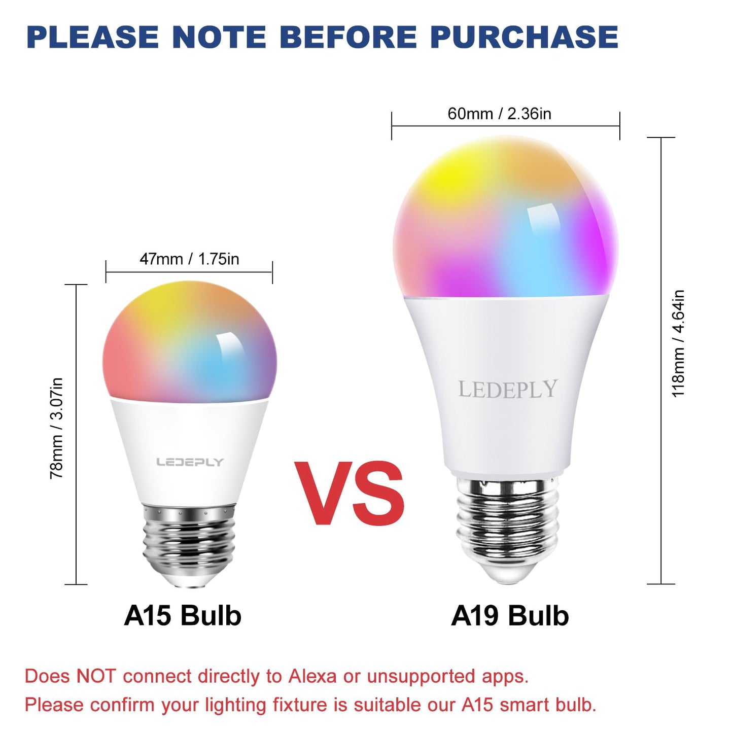 5W=40W, A15 Smart Bulb, Compatible with Alexa, Google Home, E26, Color Changing, Dimmable LED WiFi Light Bulbs, No Hub Required, 2.4GHZ WiFi Only, 400lm, 1 Pack