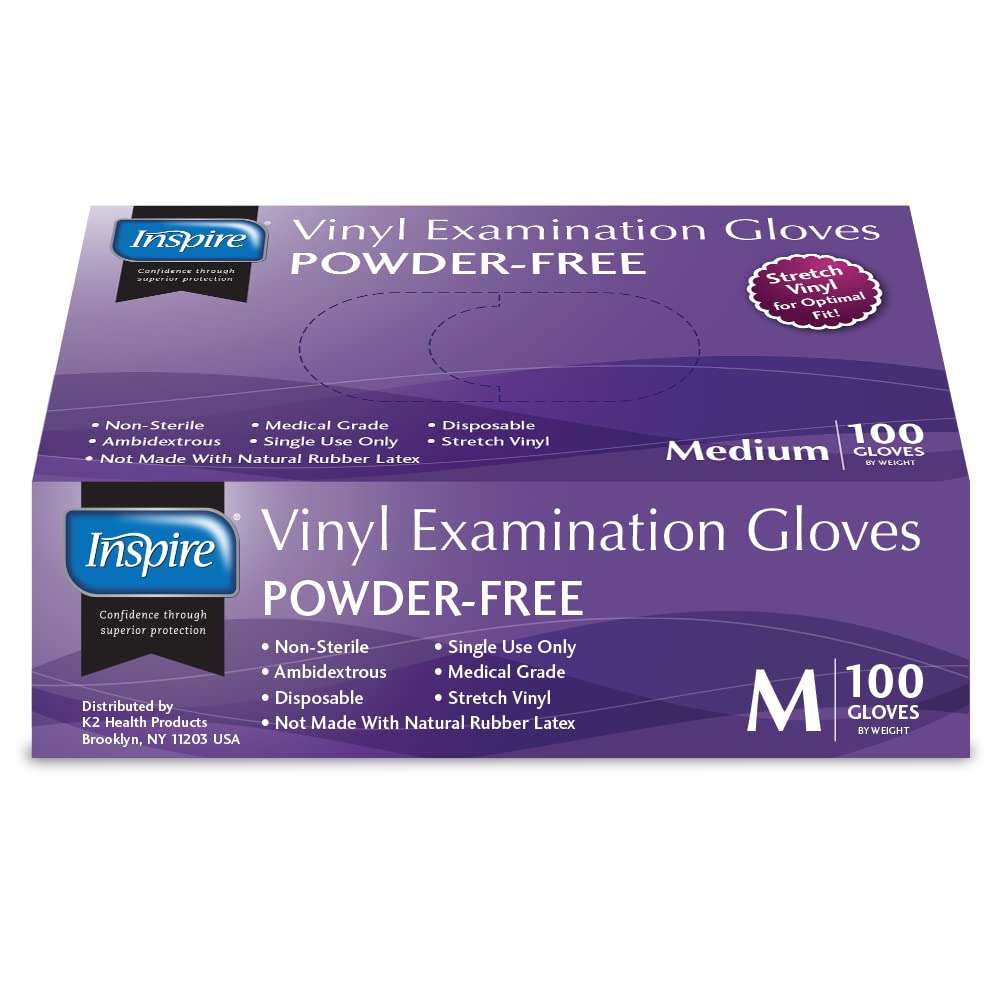 Inspire Exam Grade Powder & Latex Free Stretch Vinyl Gloves, Medium, 100 Count, White