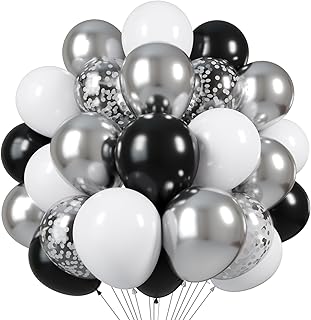 Black and Silver Balloons, 60pcs 12 Inches Black White Silver Confetti Balloons with 1 Ribbon for Birthday, Baby Shower, W...
