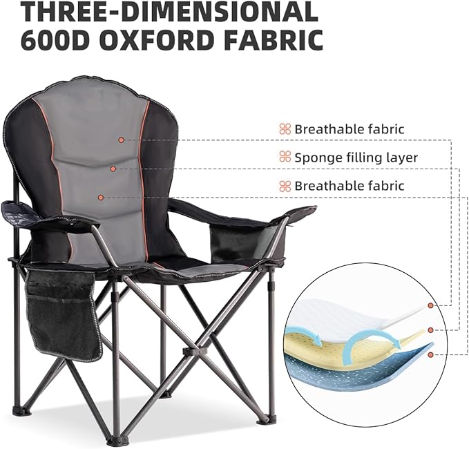 Foristrail Large Camping Chair with Side Table Heavy Duty 500LBS - Folding Outdoor Chair with Cooler Bag (Black & Gray, 2 PCS)