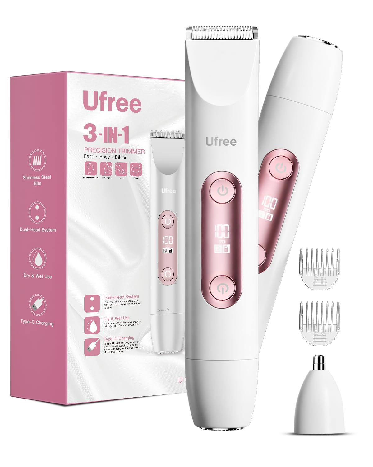 Ufree Bikini Trimmer Electric Razors for Women Dual Head, Pubic Body Hair Trimmer Electric Shaver for Face, Legs, Arm, Rechargea