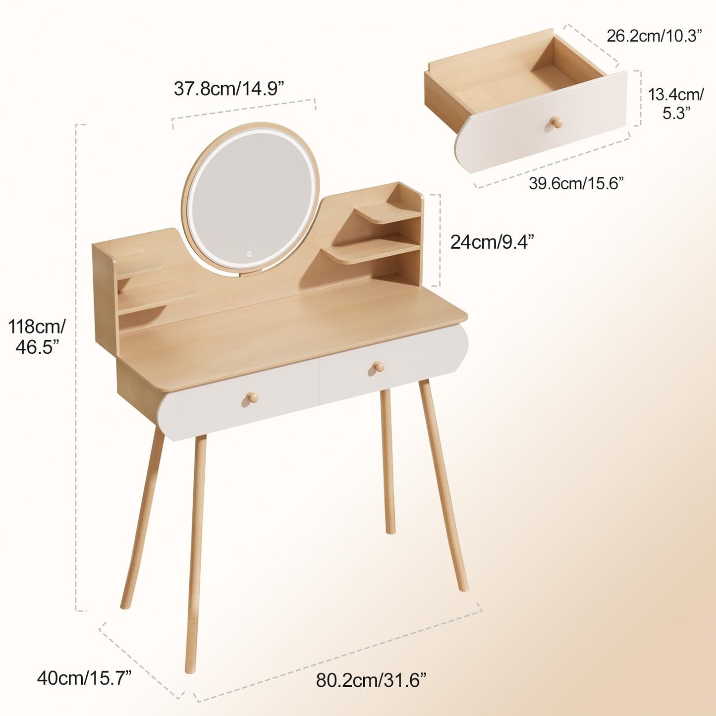 yoakaiax Vanity Mirror with Lights Makeup Vanity Desk with LED Lighted Mirror, Dressing Table with 2 Drawers and Opening Shelves, Bedroom Dressing Table, 3 Modes Brightness Adjustable Wooden Color