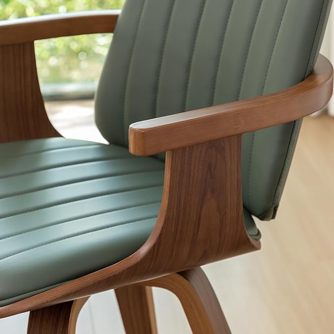 WUPOTO Set of 1 MCM Dining Chair, Mid Century Modern Chair with Walnut Craftsmanship, Upholstered Faux Leather, Wooden Arms and Legs, Faux Leather Dining Chair for Kitchen/Living Room - Green