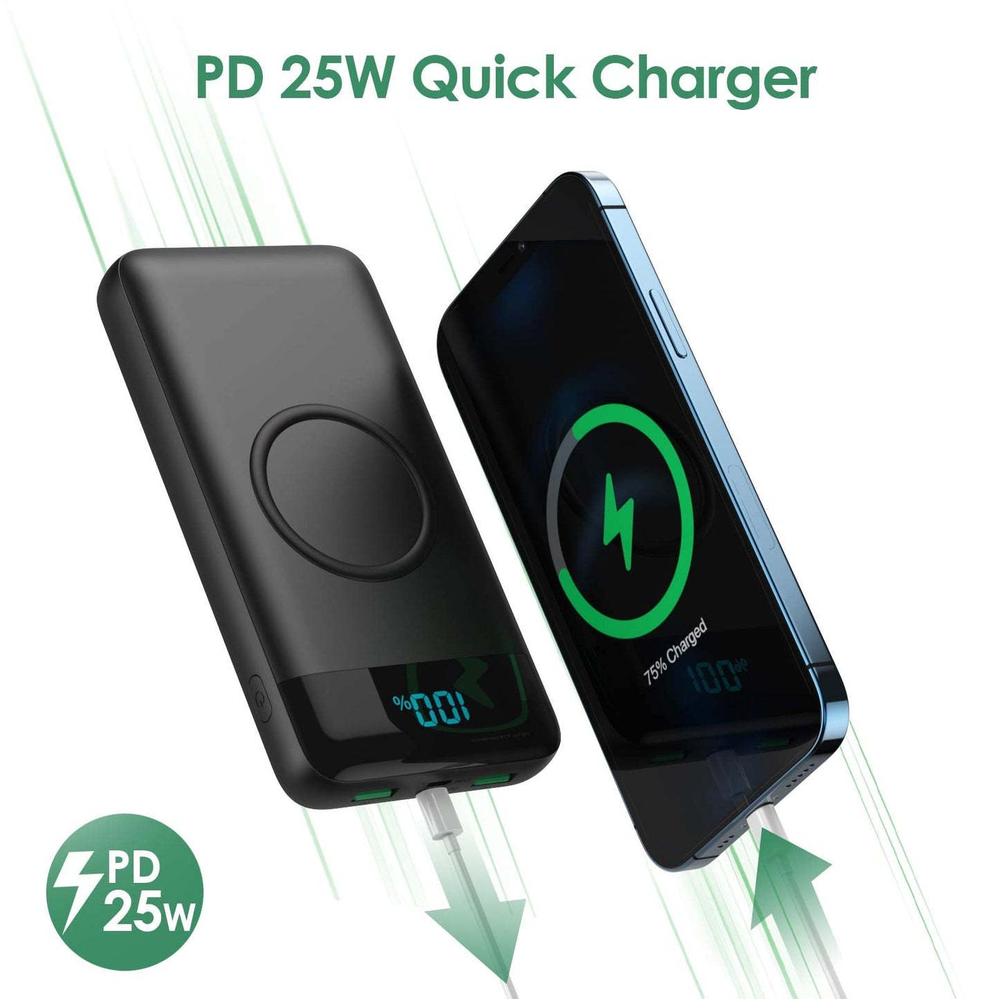 Wireless Portable Charger 30,800mAh 15W Wireless Charging 25W PD QC4.0 Fast Charging Smart LCD Display USB-C Power Bank, 4 Output External Battery Pack Compatible with iPhone 16/15/14/13, Samsung etc