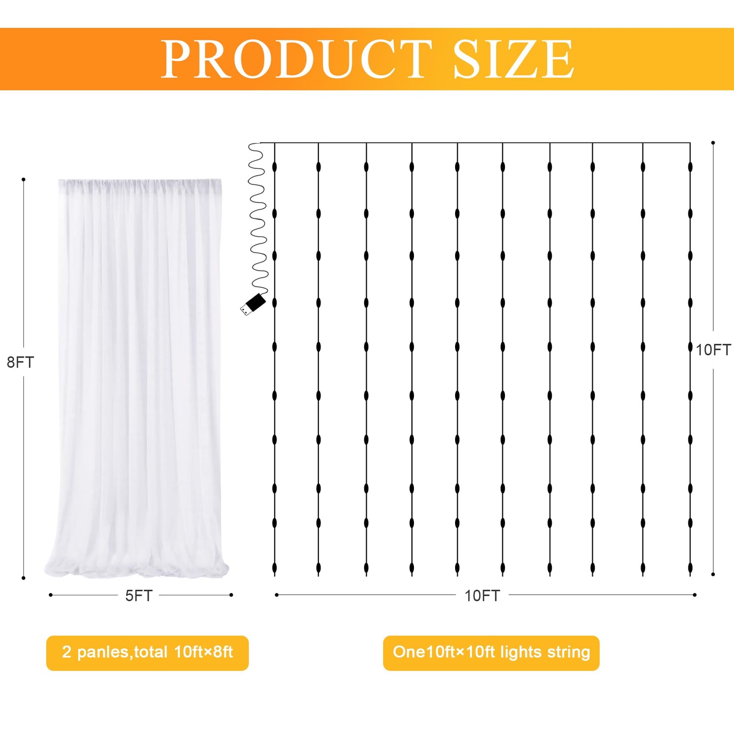 Tulle Backdrop Curtains with Lights String White 10FT X 8FT Sheer Curtain with Lights Tulle Curtains Backdrop for Wedding Birthday Party Baby Shower Photo Shoot (2 Panels 5x8FT)