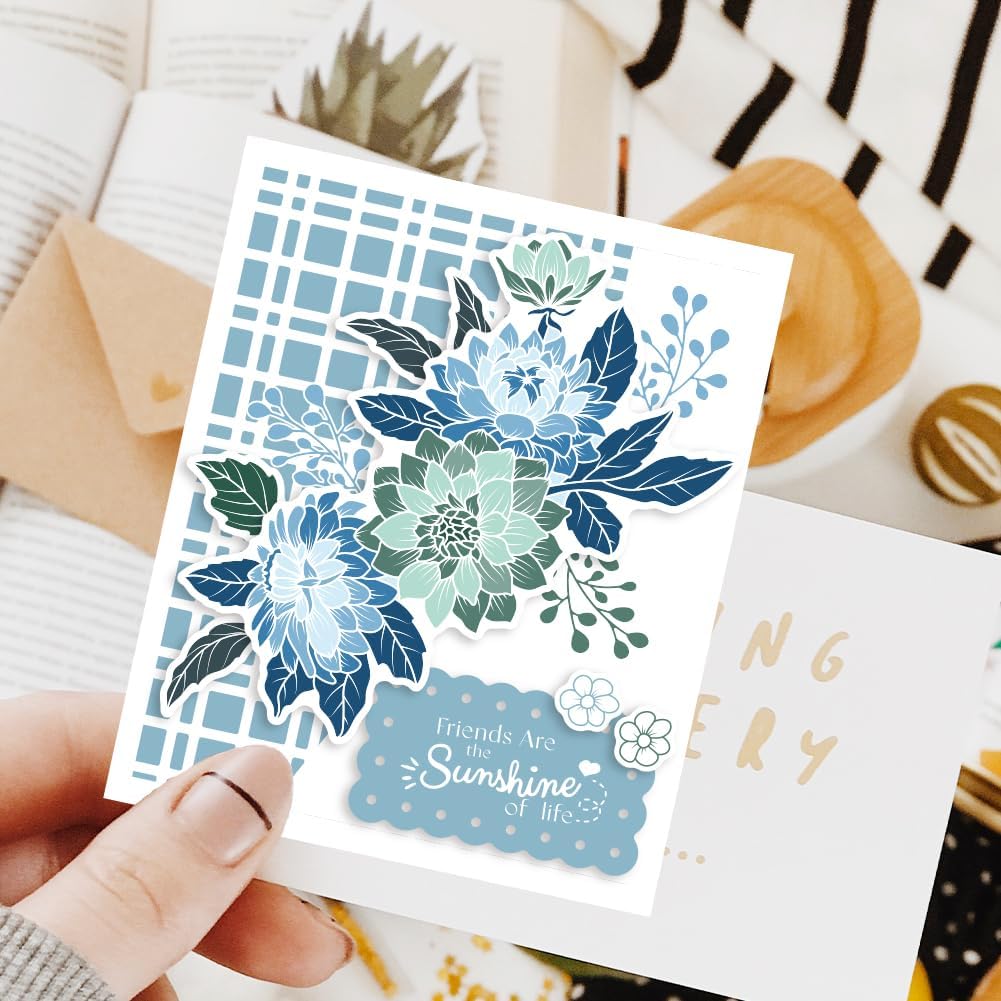 ORIGACH Realistic Dahlia Layering Stencils Set for Card Making, Dahlia Silicone Stamps and Die Sets and Flower Stencil Template for Scrapbooking DIY Crafting