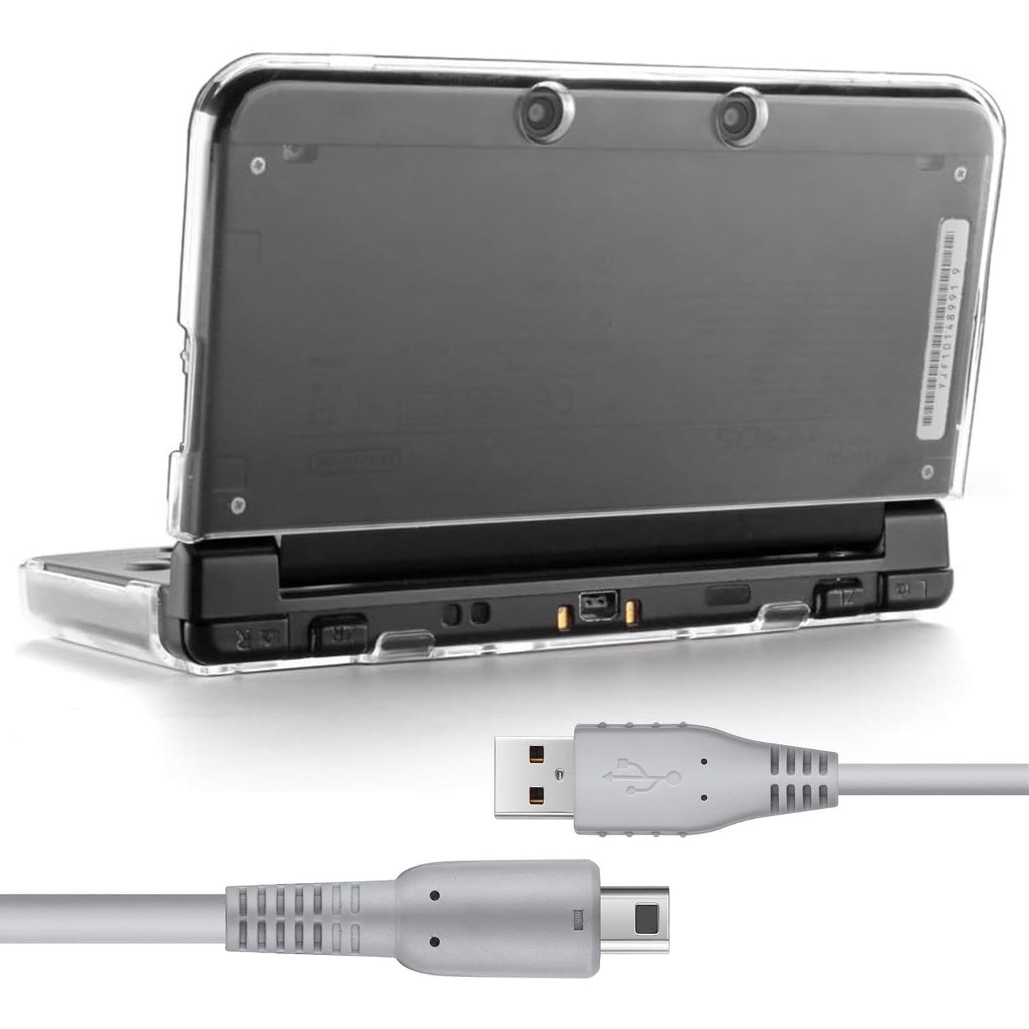 KOOWOD New 3DS XL Case with USB Charger Cable - Ultra Clear Crystal Transparent Hard Shell Protective Case Cover Skin for New 20