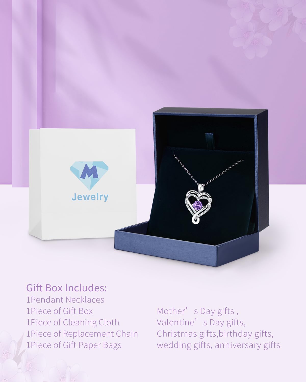 Mkhhy S925 Womens Necklace Infinity Heart Amethyst Birthstone Silver Womens Jewelry Her Anniversary Wife Birthday Gift Ideas Gir