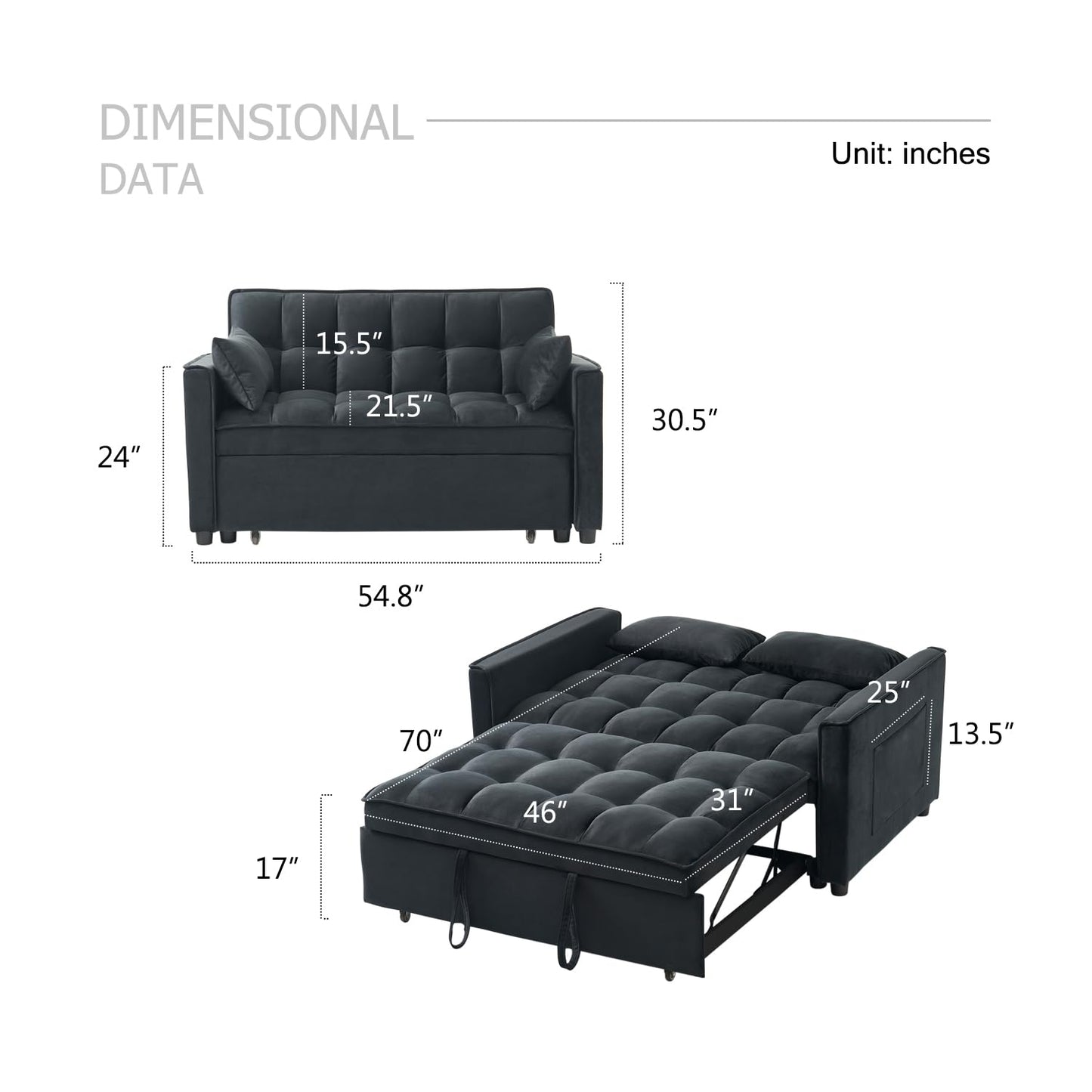 ECHINGLE Sleeper Sofa Bed, 3-in-1 Velvet Pull Out Couch with Armrests, Storage Pockets and 2 Pillows, Adjustable Backrest, Sofa Bed Couch for Living Room, Bedroom(Black)