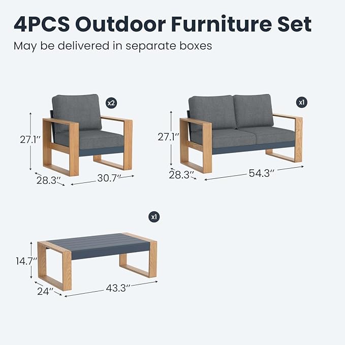 4 Pieces Aluminum Patio Furniture Set, Outdoor Conversation Sets with High Backrest Sofa and Coffee Table for Garden and Backyard
