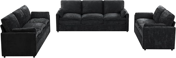 ACMEASE 3 Pieces Chenille Sofa Set w/Arm Pillows, Upholstered Loveseat & 2 Pieces 3 Seater Sofa w/Comfortable Back Cushions, Modern 2-Seat & 3-Seat w/High-Density Foam for Living Room, Black