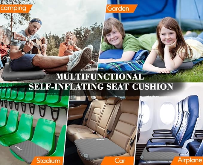GDREAMT Inflatable Seat Cushion, Self-Inflating Memory Foam Stadium Seats Cushion Lightweight & Compact Chair Sitting Pad Airplane Cushion for Long Flight Travel Outdoor Camping Car Bleachers Office