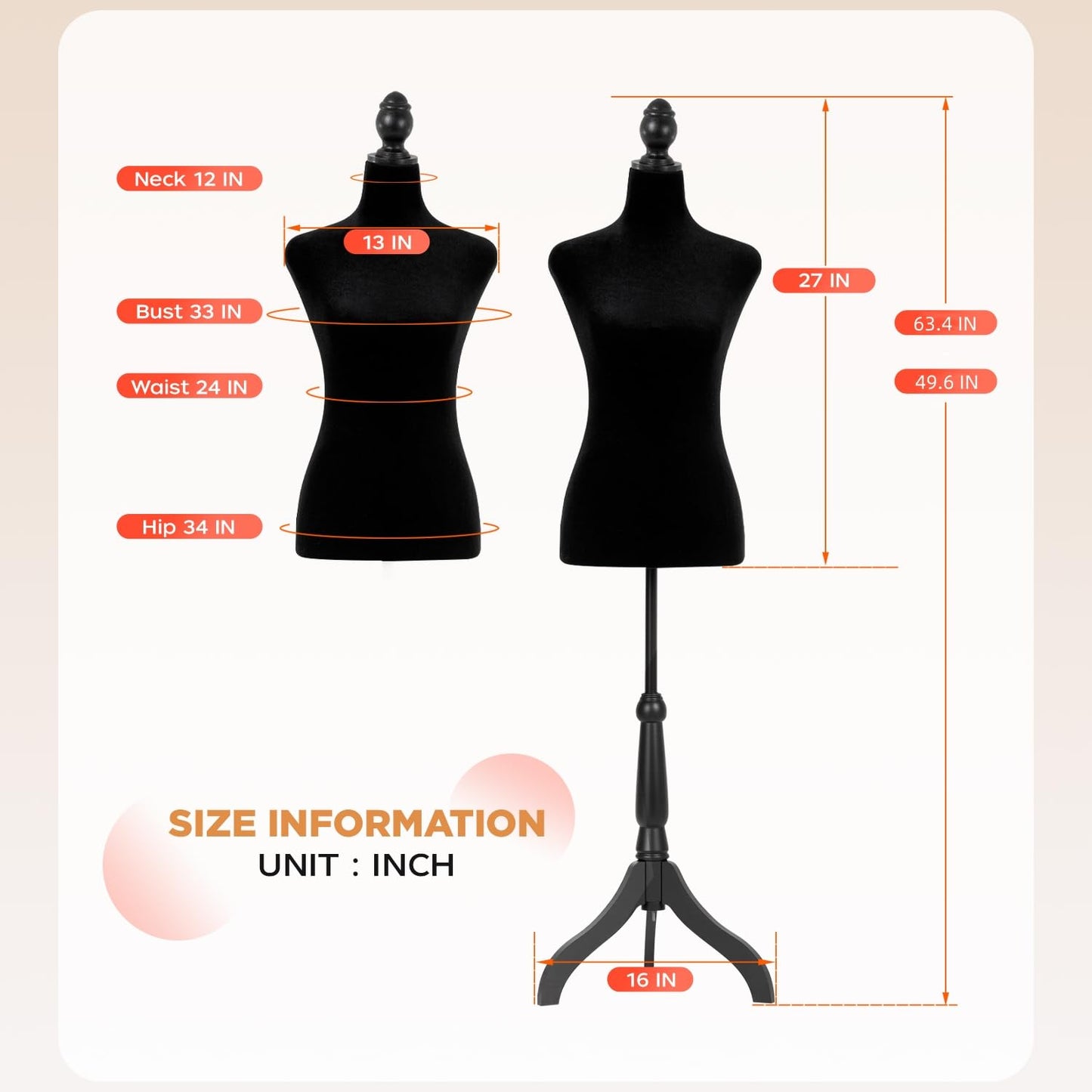 Mannequin Body Dress Form Torso Female Manikin 49.6-63.4 Inch Height Adjustable Wooden Tripod Stand High Density Foam Portable Display Mannequin (Black)