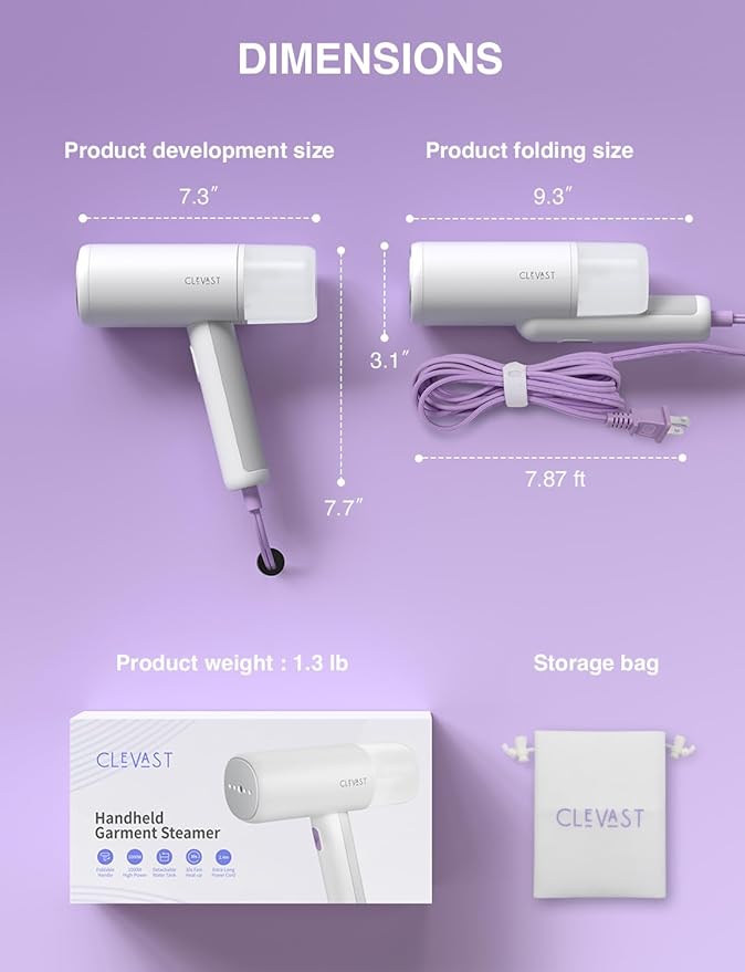 CLEVAST Steamer for Clothes, Portable Garment Steamer, Handheld Foldable Travel Size, Wrinkle Remover, 30-Second Fast Heat Up, 1000W Powerful Steam Output, 120V Only