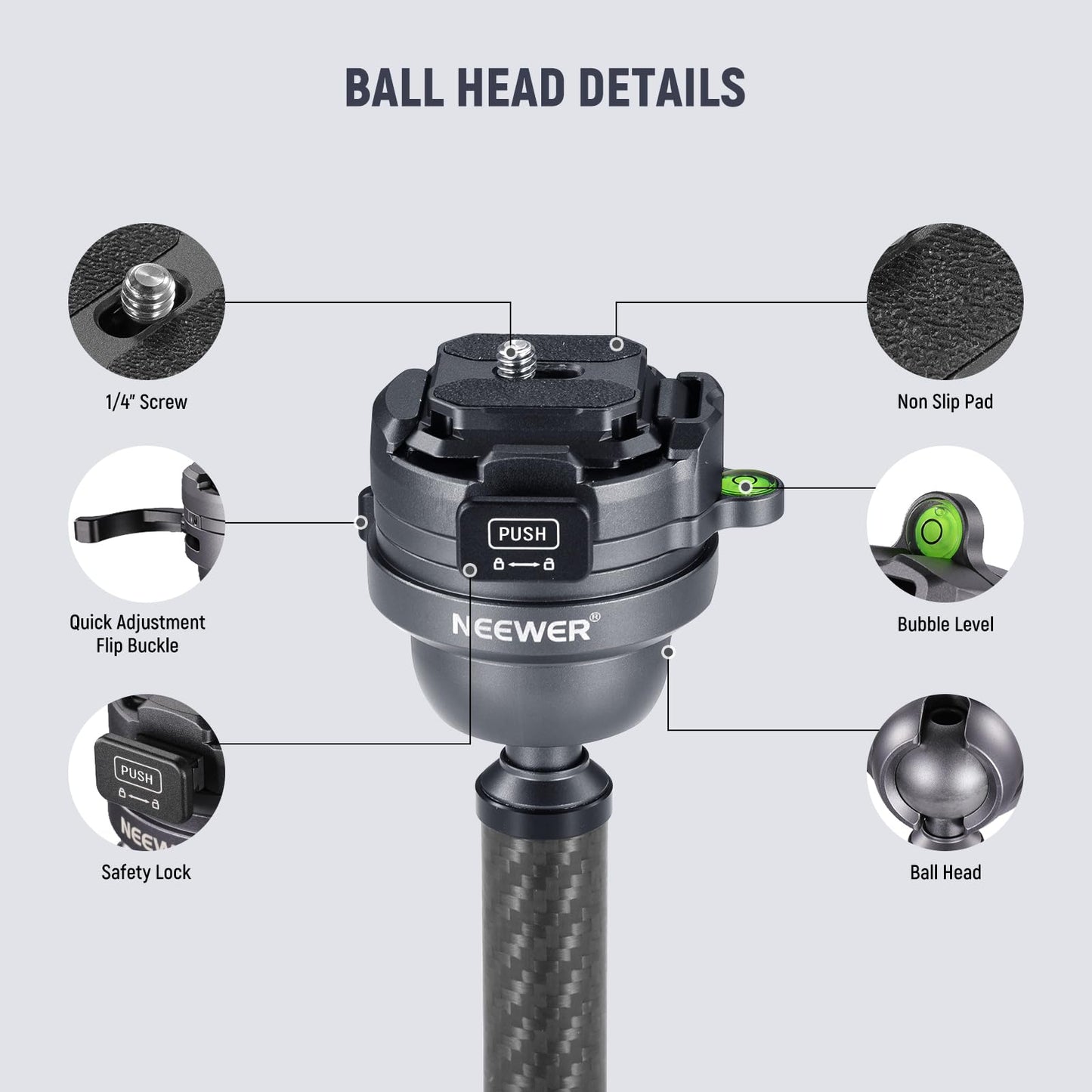NEEWER LITETRIP LT32 62" Travel Tripod Carbon Fiber with ±15° Leveling 360° Panorama Head, Detachable Center Axis, Fast Flip Buckle, Arca QR Plate Compatible with PD, (Former TP62)