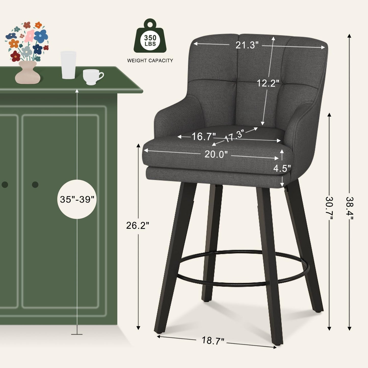 SAECKBERG 360°Swivel Counter Height Bar Stools with Back, 26 inch Solid Wood Legs, Bar Stool Modern Kitchen Island Chairs, Fabric (Black Grey- Fabric, 26" H- Set of 2)