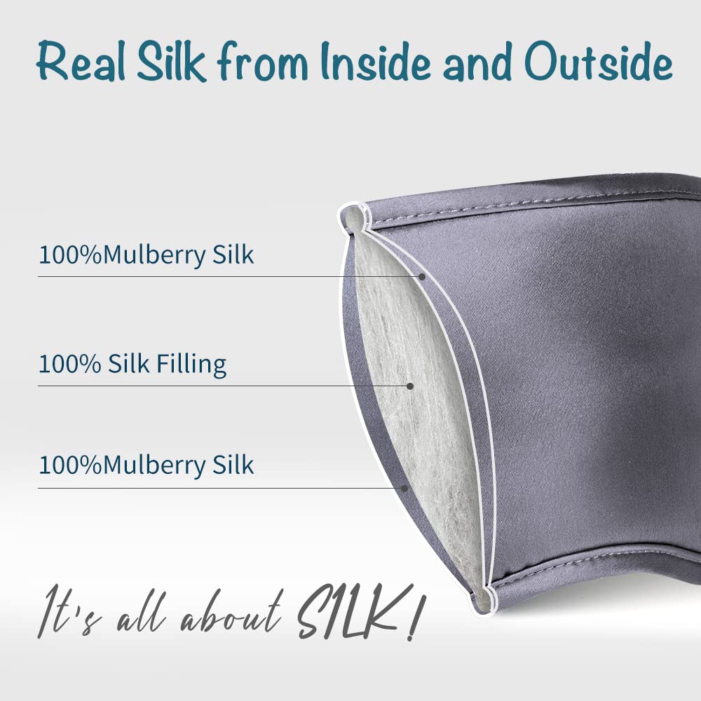 LULUSILK Mulberry Silk Sleep Eye Mask Blindfold with Elastic Strap Headband, Soft Eye Cover Eyeshade for Night Sleeping, Travel, Nap (Charcoal Gray)