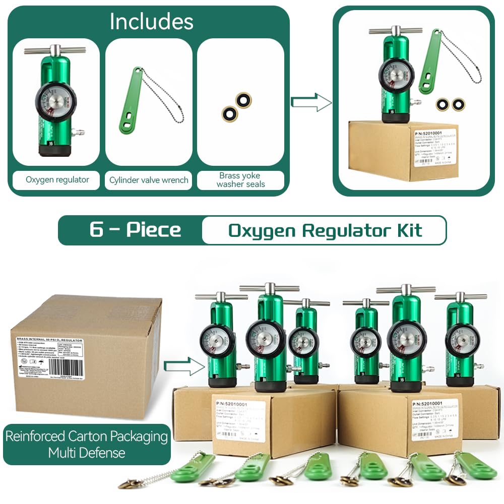 Oxygen Regulator for Oxygen Tank CGA870 Connection, 0-15 LPM, 6 Pack Brass Sleeve Portable O2 Regulator, Each Set Includes 1 Oxygen Regulator, 1 Wrench and 2 Brass Yoke Washer Seals