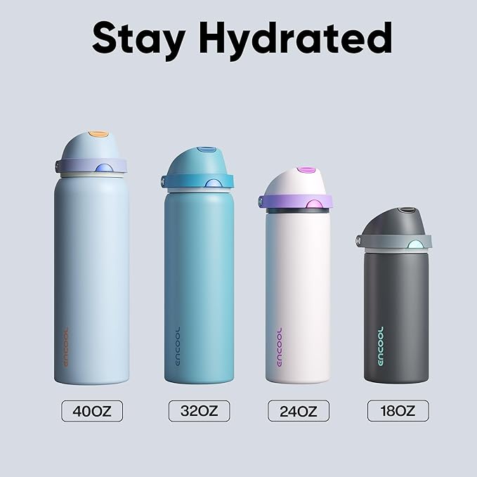 Insulated Water Bottle with Straw - Encool Stainless Steel Water Bottle with Push Button Lid, Leak-Proof & BPA-Free, Keeps Cold for 24 Hours for Sports, Travel, Gym (24 oz, Oil Black)