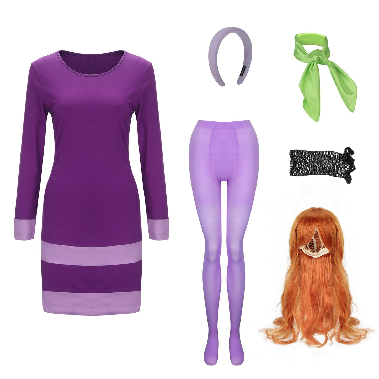 LINKOM Women's Long Sleeve Halloween Costume,Purple Bodycon Mini Dress with Wigs Headband Scarf Thigh High Socks (Medium)