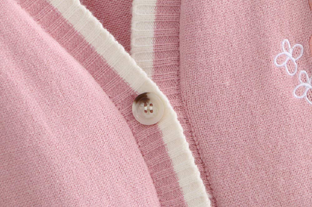 GK-O Mori Girl Kawaii Rabbit Japan JK Uniform Knit Cardigan Sweater Girl School Cosplay Sweater Vneck Long Sleeve (Pink)