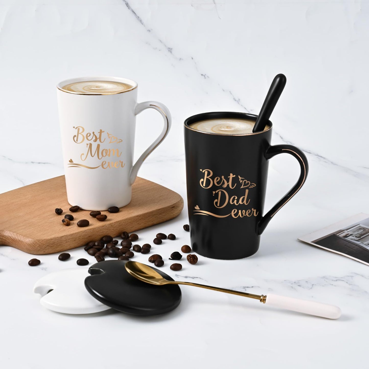 YHRJWN Mom and Dad Gifts, Best Dad and Mom Mug, Christmas Birthday Gifts for Parents from Daughter Son New Parent Couple Gift Set, Christmas 14 Oz Coffee Mug with Gift Box Coaster Spoon