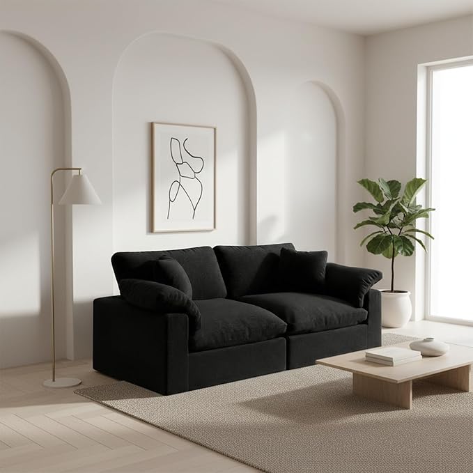 Forest aesthetics Modular Sectional Sofa Cloud Couch,78.6" Down Filled Comfy Cloud Modern Sofa,2 Seater with Black Linen Couch Cushion Covers Removable Furniture for Living Room