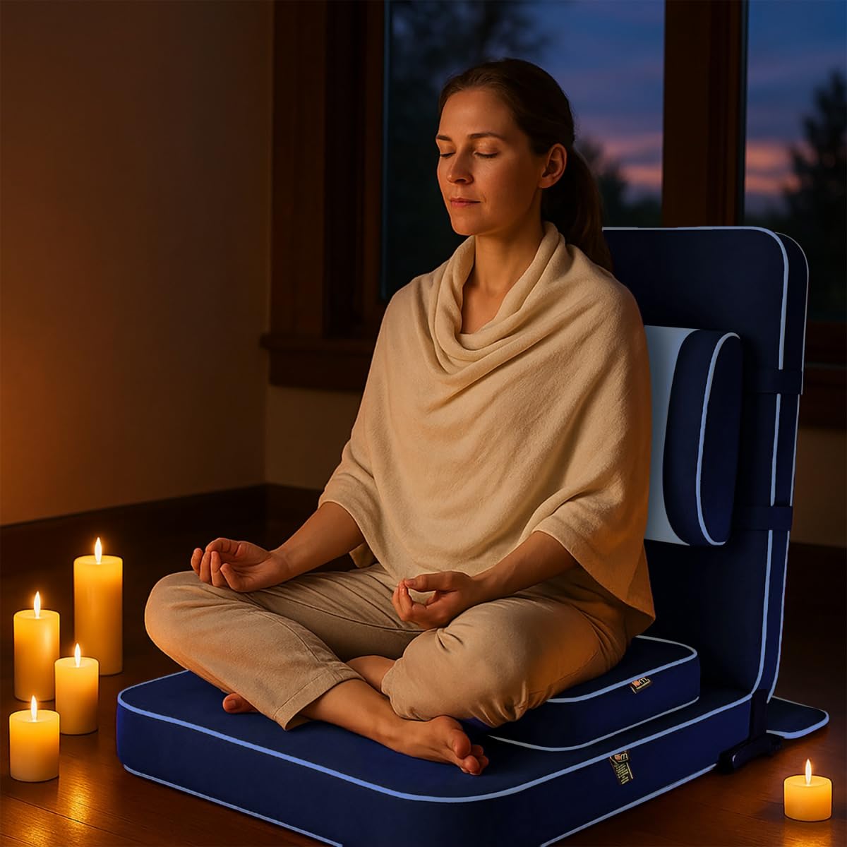 Friends of Meditation Extra Large Meditation Chair and Yoga Chair w Back Support Cushion and Meditation Block | Yoga Chair for Adults | Premium Floor Chair | Portable | Navy Blue, Seat Size: 24x22 in