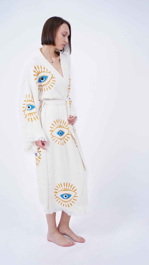 Bodho Handmade Evil Eye Boho Festival Kimono, Boho Beachwear, Beachwear Cover Up, Ethnic Kimono, Evil Eye Robe