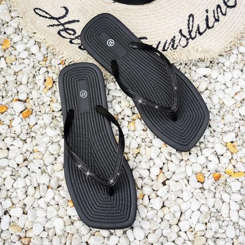 Slim Square Flip Flops for Women Classic Square Toe Sandals, Yoga Mat Indoor Outdoor Shower Shoes Thong Sandals