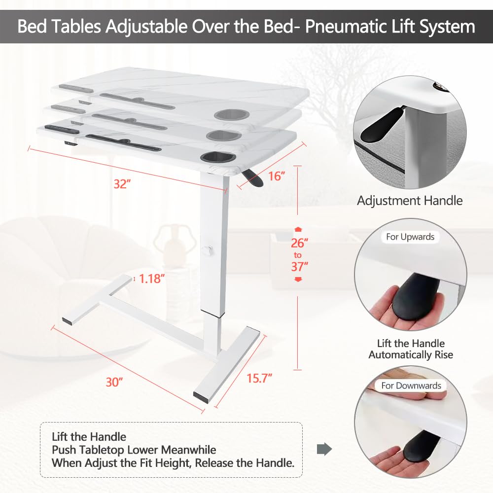 BeGyoku Overbed Table,Hospital Bed Table,Pneumatic Bed Tables Adjustable Over The Bed with Hidden Wheels&USB Port,Mobile Laptop Table Cart and Rolling Bedside Table with Tray Hospital Home Use-White