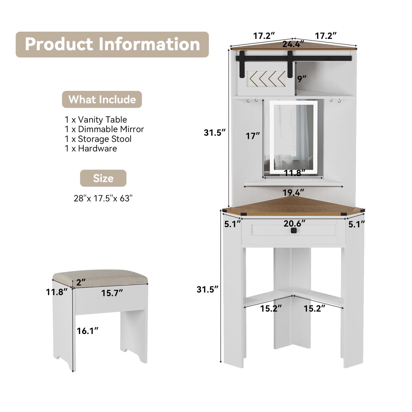 ARTETHYS Small Vanity Desk Set with Lights and Mirror Makeup Vanities with Drawers for Corner Space White Farmhouse Make up Dressing Table with Storage Stool for Bedroom