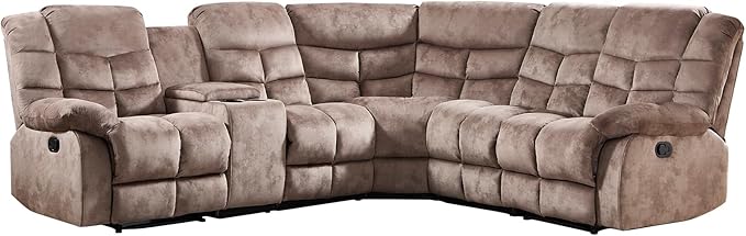 EBELLO Manual Reclining Sectional Sofa Set for Living Room, Soft Fabric Recliner Corner Sectional Couch with Center Console, Cup Holder and Storage, Brown