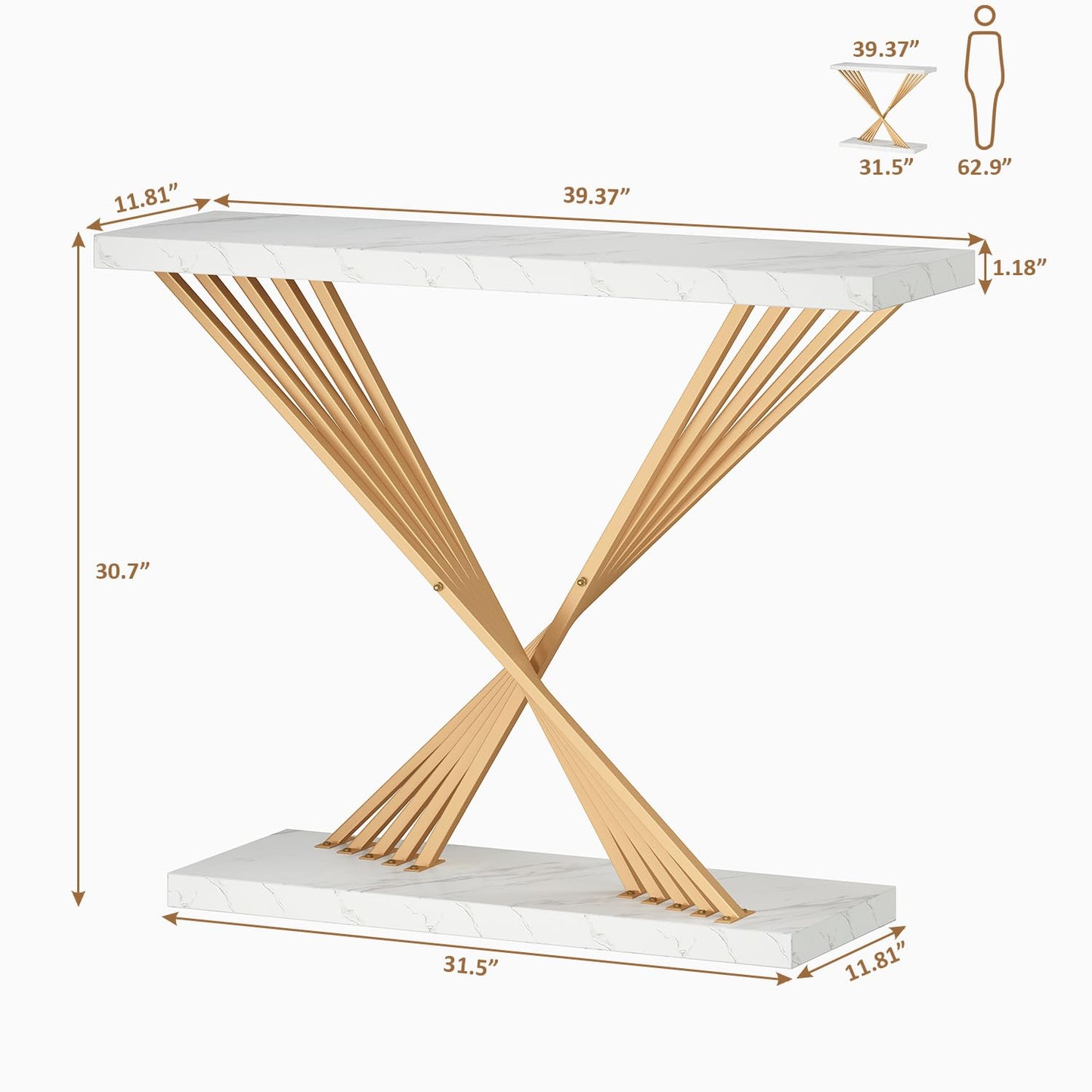 UNIQUITE 39.4 Inch Gold Console Table, White Faux Marble Modern Entryway Table Sofa Tables Behind The Couch for Entrance Hallway Living Room, X-Shape